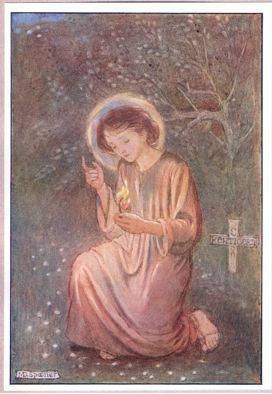 Han knelte ned på det duggvåte gresset (farge litho) av Minnie Didbin Spooner