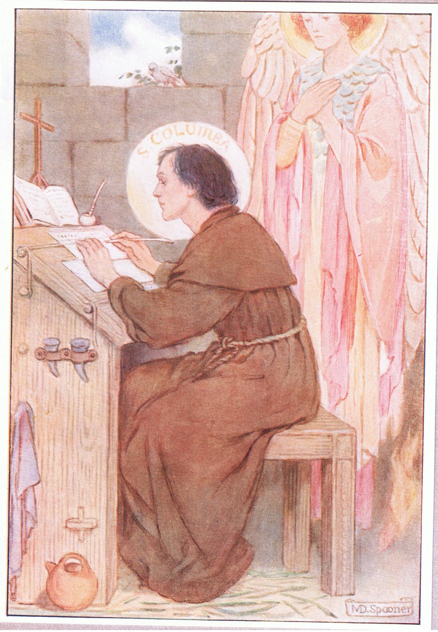 Der i cellen sin laget han rimelige kopier av bøkene han elsket (farge litho) av Minnie Didbin Spooner