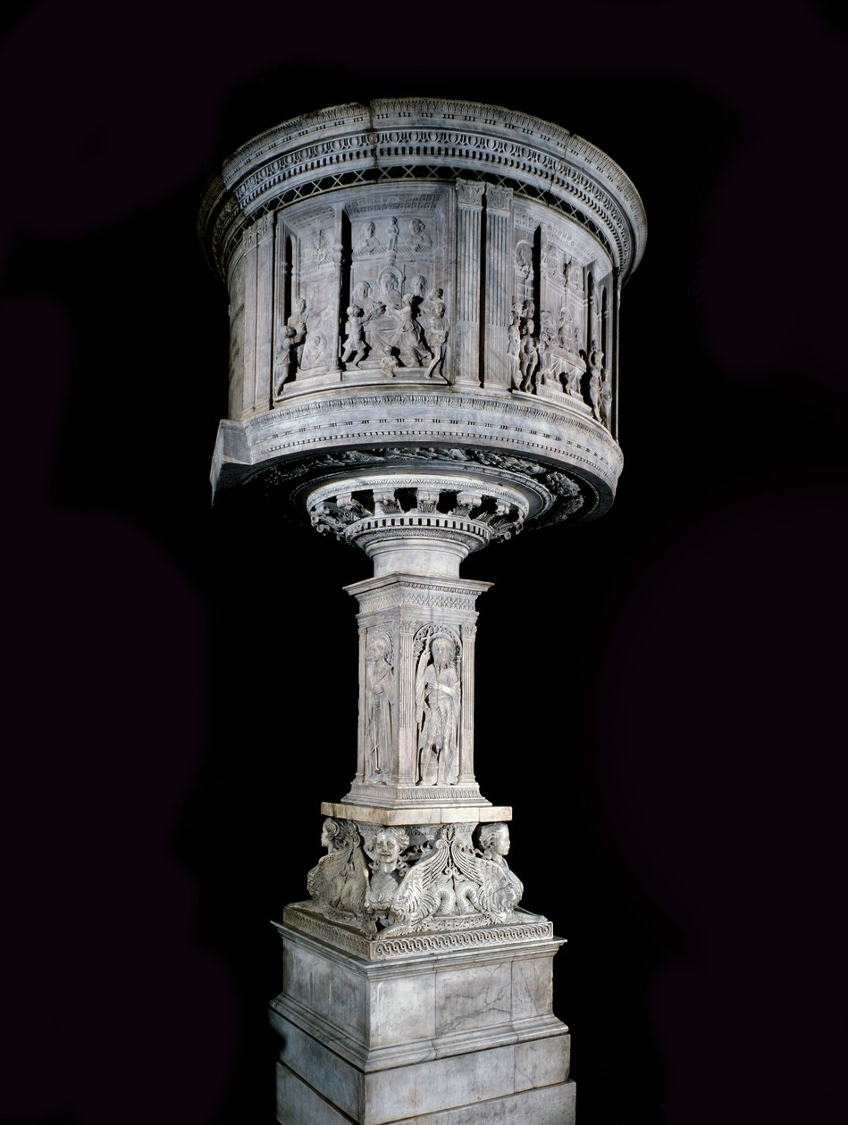 Renessansekunst: Stol av Pasquino di Matteo (1425-1485), skulpturert av Mino da Fiesole (1429-1484) og Antonio Rossellino (1427-1479) (prekestol i hvit marmor (1469-1473) med relieffer av Antonio Rossellino og Mino da Fiesole) av Mino da Fiesole