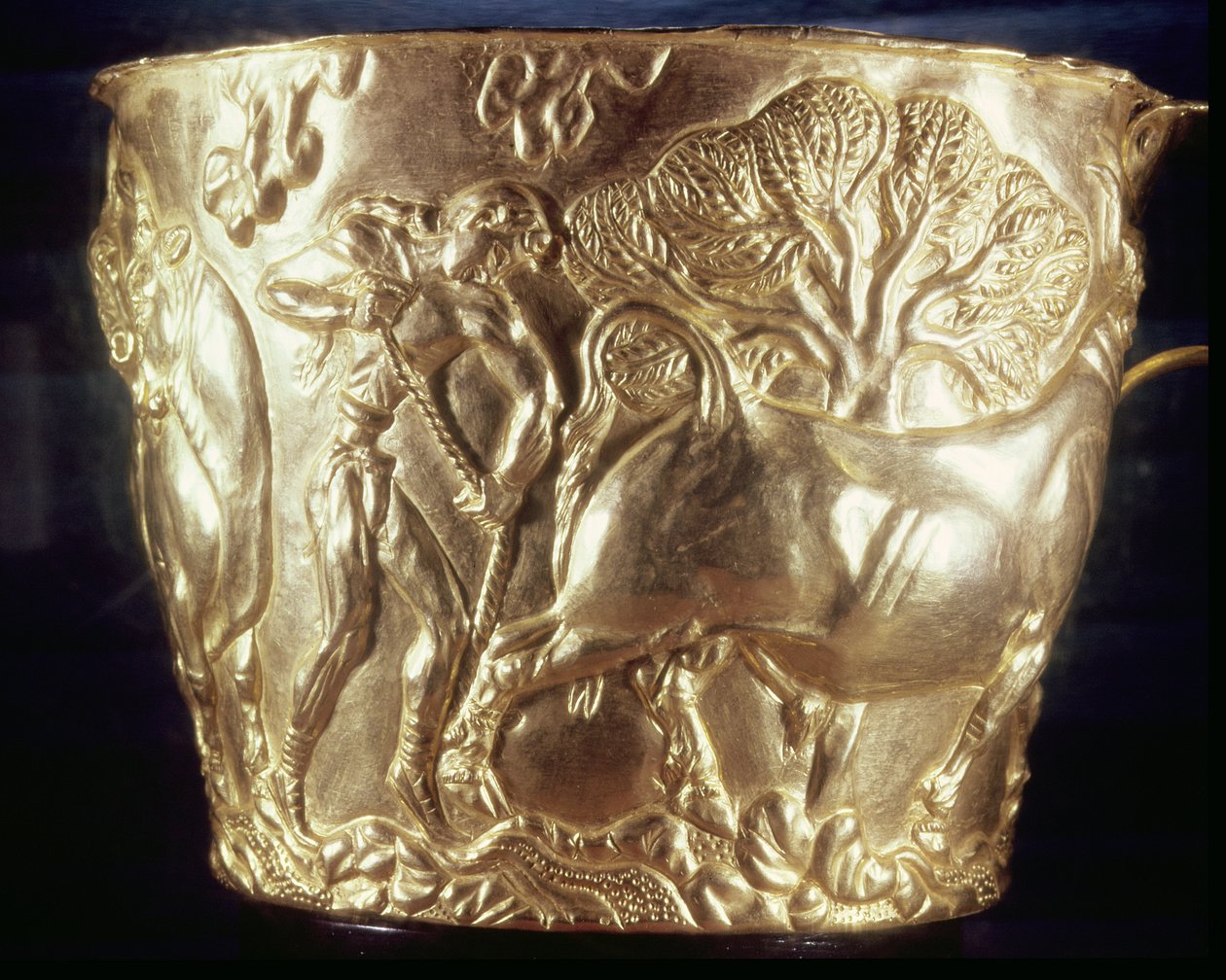 Beger, som viser en tamokse, funnet i den kongelige graven til Vaphio, Sparta, sent Minoan I, ca. 1500 f.Kr. (gull) (se også 155940) av Minoan