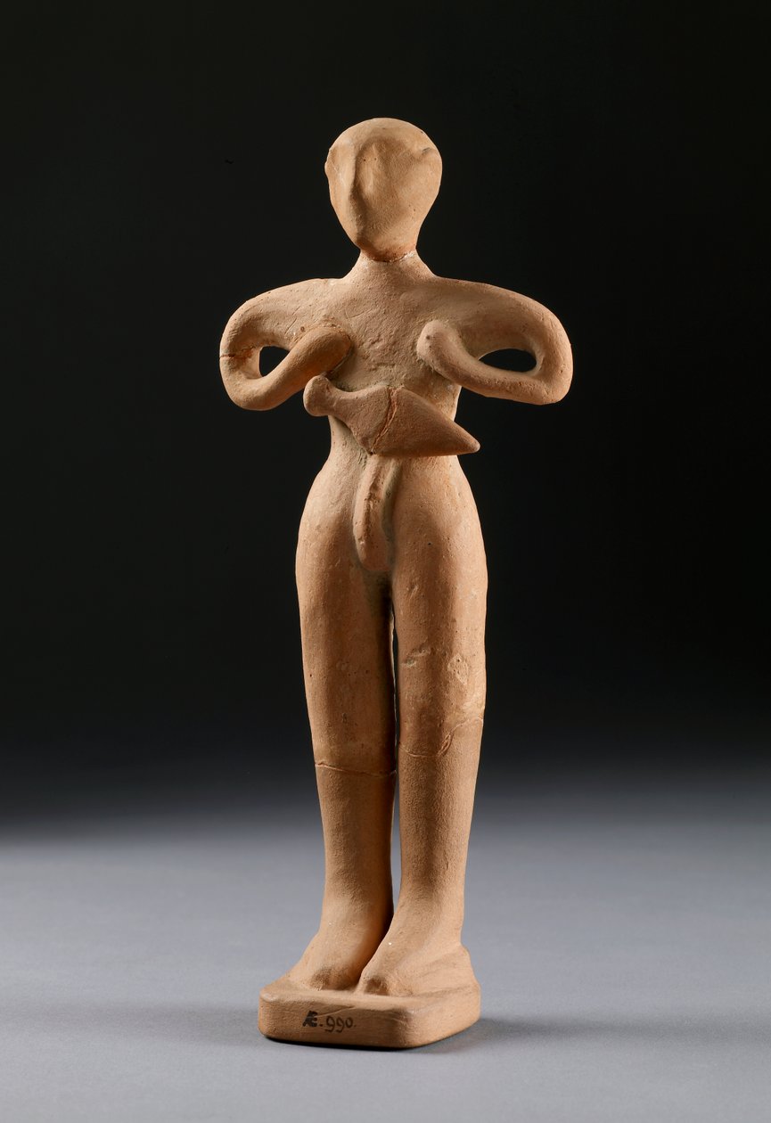 Dobbelt øksehode og to figurer fra Knossos, sen minoisk, ca. 1500 f.Kr. (terrakotta) (se også 133330) av Minoan