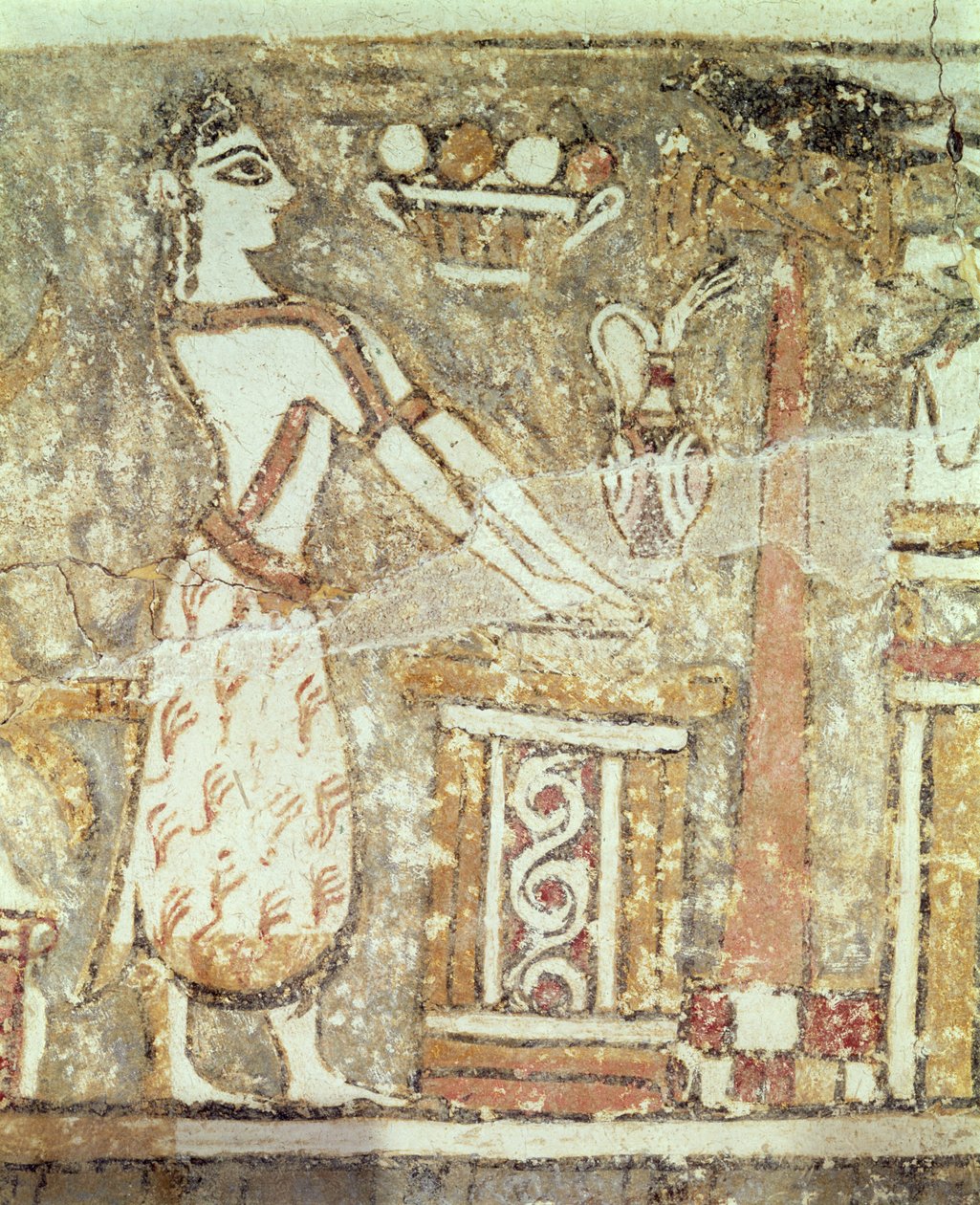Prestinne ved et alter, detalj fra en sarkofag fra en grav ved Ayia Triada, Kreta, sen minoisk periode, ca. 1390 f.Kr. (malt gips på kalkstein) av Minoan