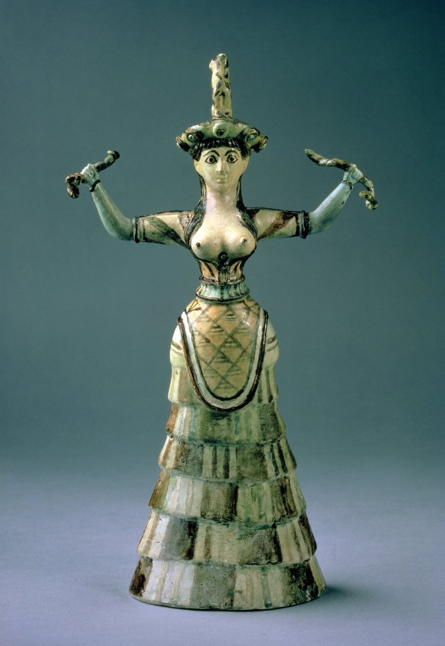 Replika av en slangegudinne-figur, ca. 1600 f.Kr., (glasert og malt keramikk) av Minoan