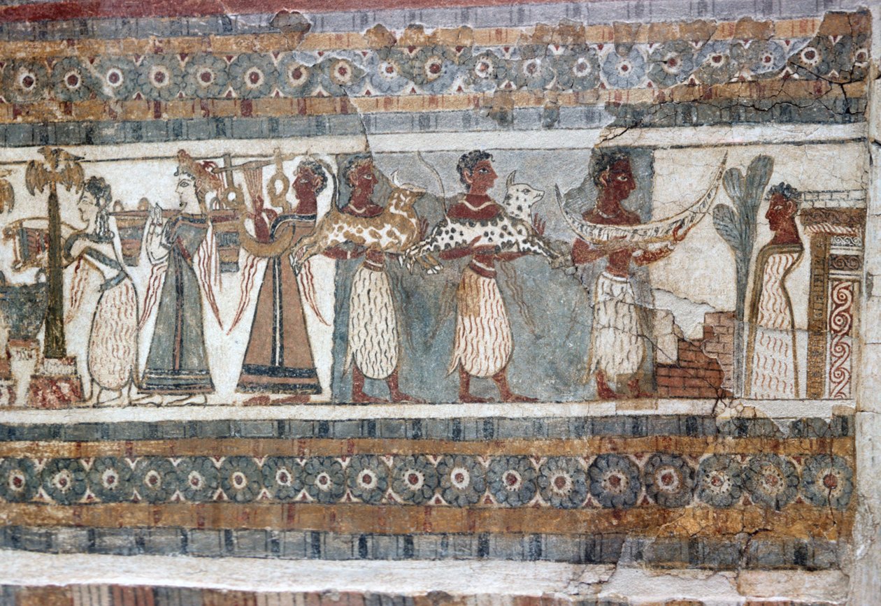 Detalj, freskomaleri på sarkofag fra Hagia Triada av Minoan