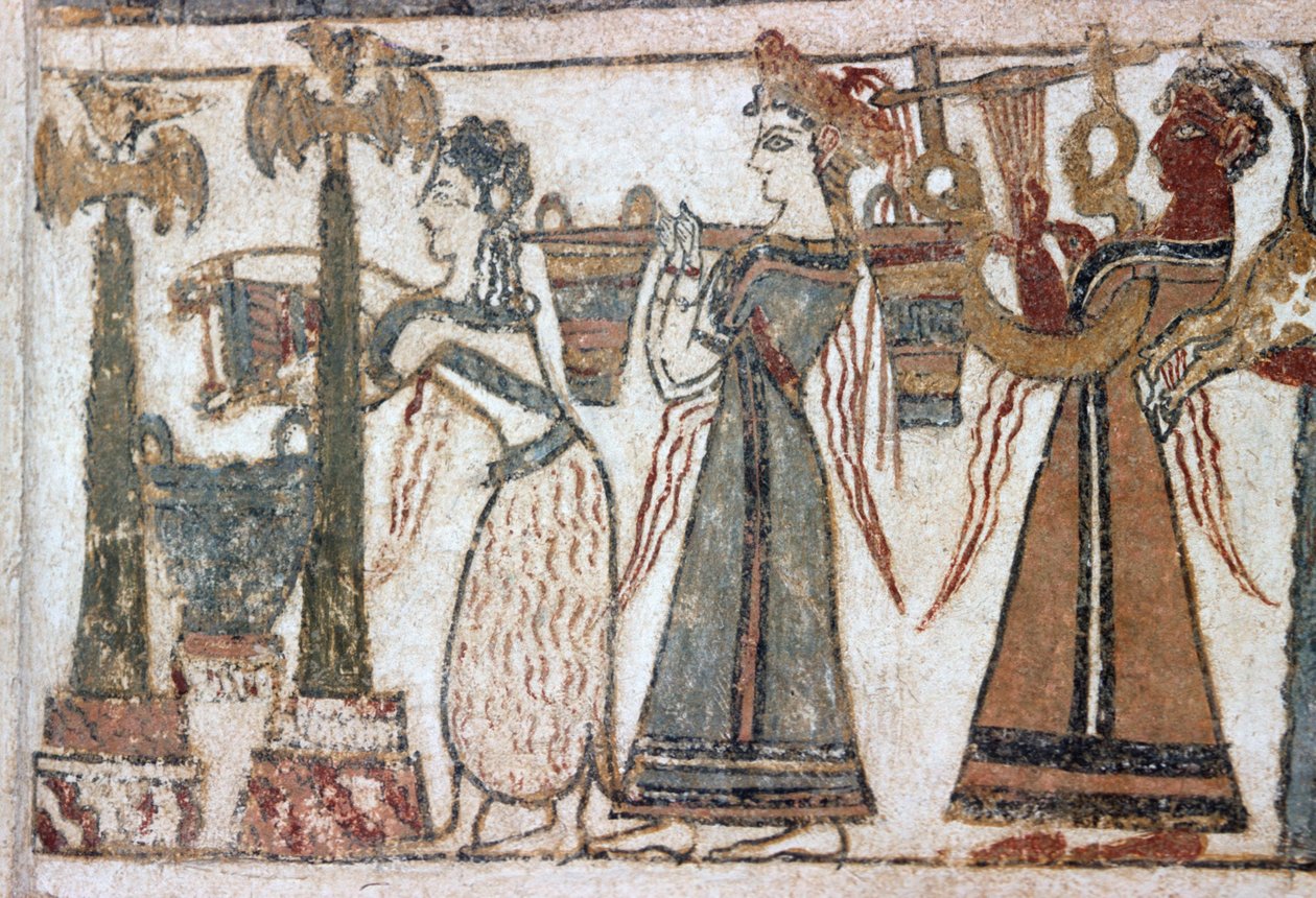 Detalj, freskomaleri på sarkofag fra Hagia Triada av Minoan