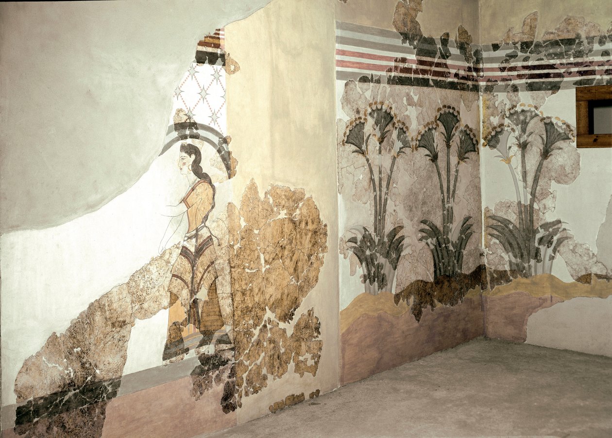 Minoisk kunst: "Kvinnen med Lys"" Fresco fra Akrotiri på Santorini. 1500-tallet f.Kr. Athen, Nasjonalt arkeologisk museum av Minoan