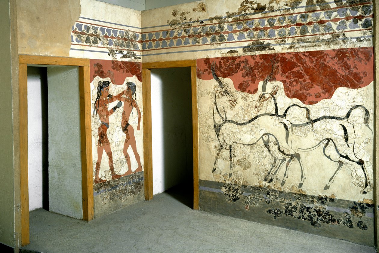 Minoisk kunst: "" dyr og jagerkamp""" Fresco fra Akrotiri på Santorini. 1500-tallet f.Kr. Athen, Nasjonalt arkeologisk museum av Minoan