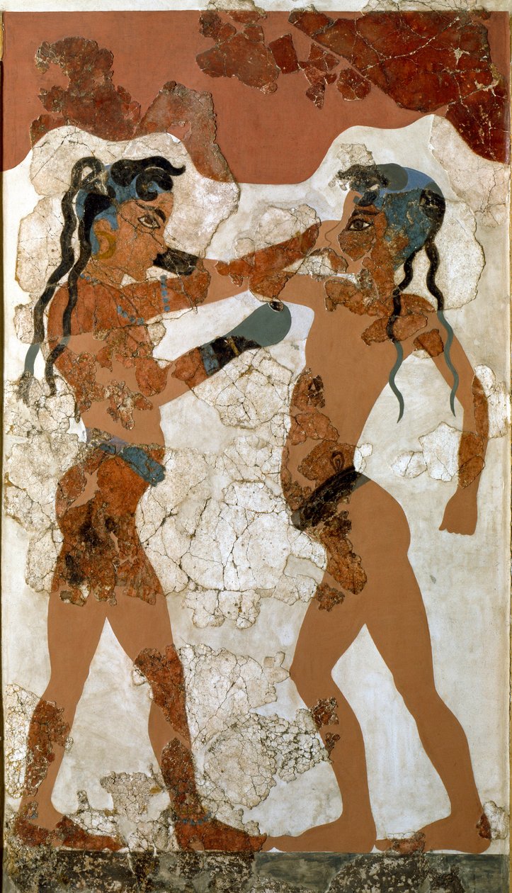 Minoisk kunst: "" slåssing mellom to boksere""" Fresco fra Akrotiri til Santorini. 1500-tallet f.Kr. Athen, National Archaeological Museum - Minoisk kunst: Minoisk gutteboksing. Freske fra Akrotiri, Santorini 1500-tallet f.Kr. Nasjonalt arkeologisk museum, av Minoan