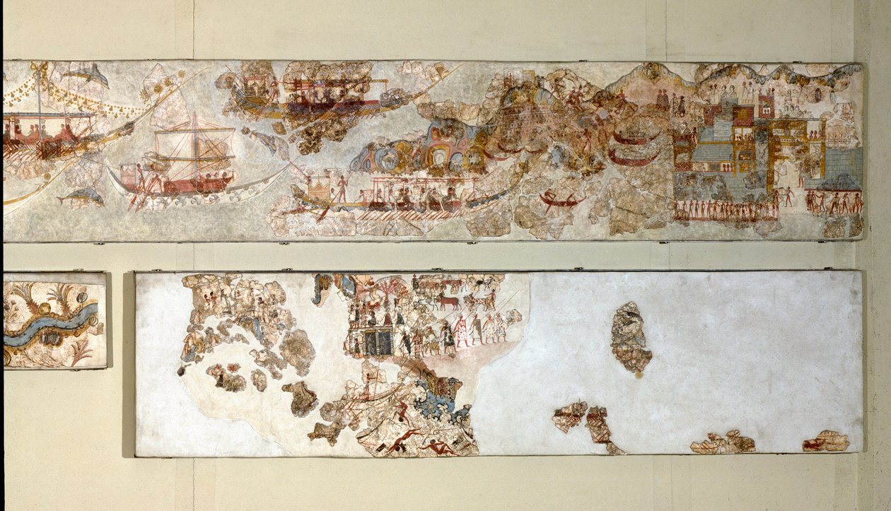 Minoisk kunst: "" marineekspedisjon"" Fresco fra Akrotiri til Santorini. 1500-tallet f.Kr. Athen, Nasjonalt arkeologisk museum av Minoan