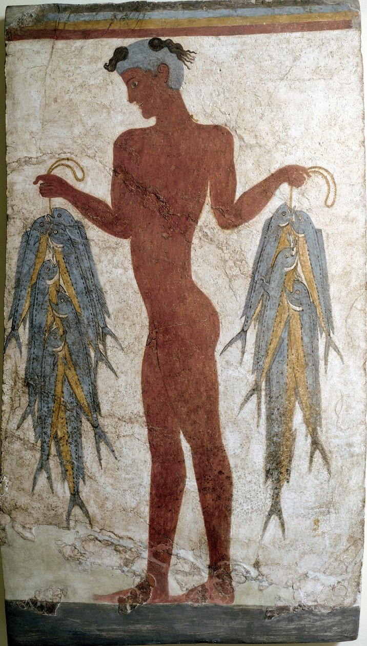 Minoisk kunst: "" fisker"" Fresco fra Akrotiri til Santorini. 1500-tallet f.Kr. Athen, Nasjonalt arkeologisk museum av Minoan
