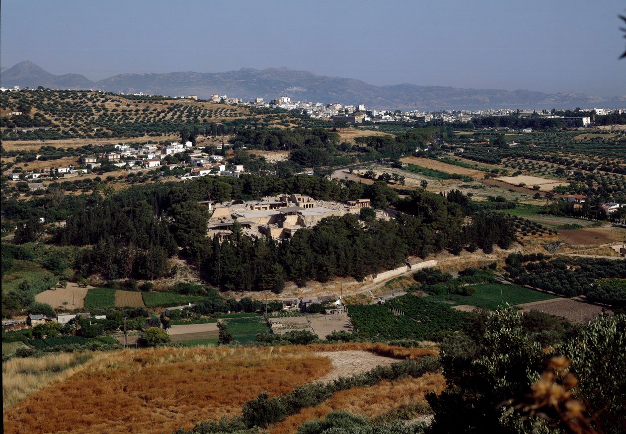 Minoisk kunst: utsikt over hele palasset til kong Minos i Cnossos (Knossos). 1600-1400 f.Kr. Kreta av Minoan