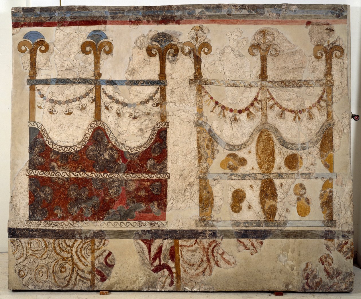 Minoisk sivilisasjon: representasjon av to portaler (Ikria). Freskomaleri fra det lustrale bassenget til Xeste 3-bygningen til Akrotiri (Thera), Santorini av Minoan