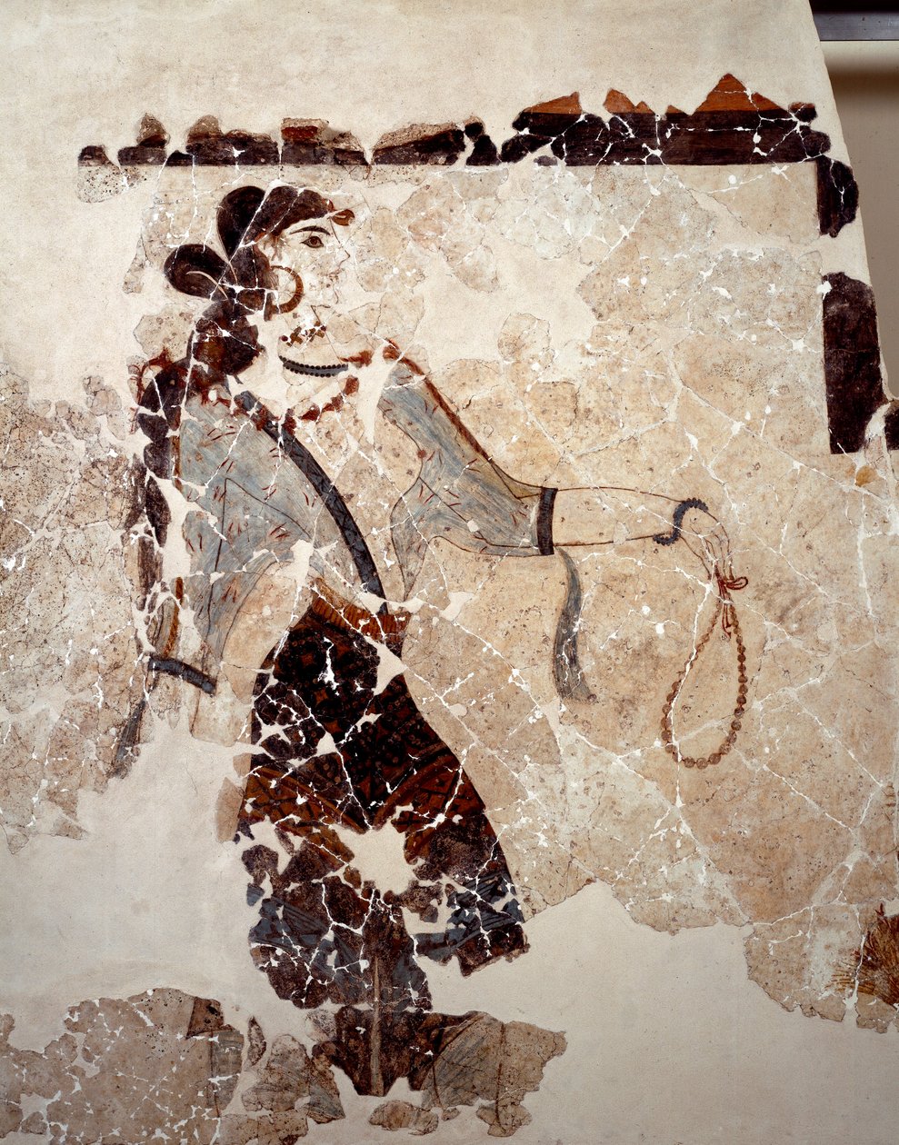 Minoisk sivilisasjon: kvinner i tilbedelse. Detalj. Freske fra det lustrale bassenget til Xeste 3 i Akrotiri (Thera), Santorini. Dim. 143x381 cm 1500-tallet f.Kr. Santorini, Samling av fresker av Akrotiri a Thera av Minoan
