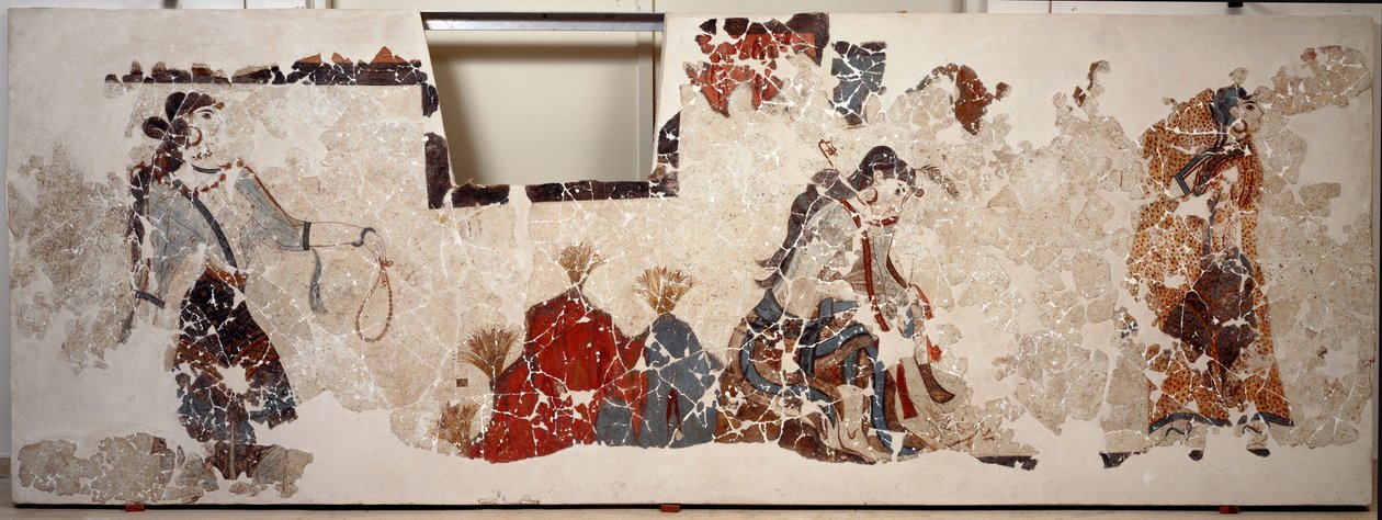 Minoisk sivilisasjon: kvinner i tilbedelse. Freskomaleri fra det lustrale bassenget til Xeste 3-bygningen til Akrotiri (Thera), Santorini av Minoan