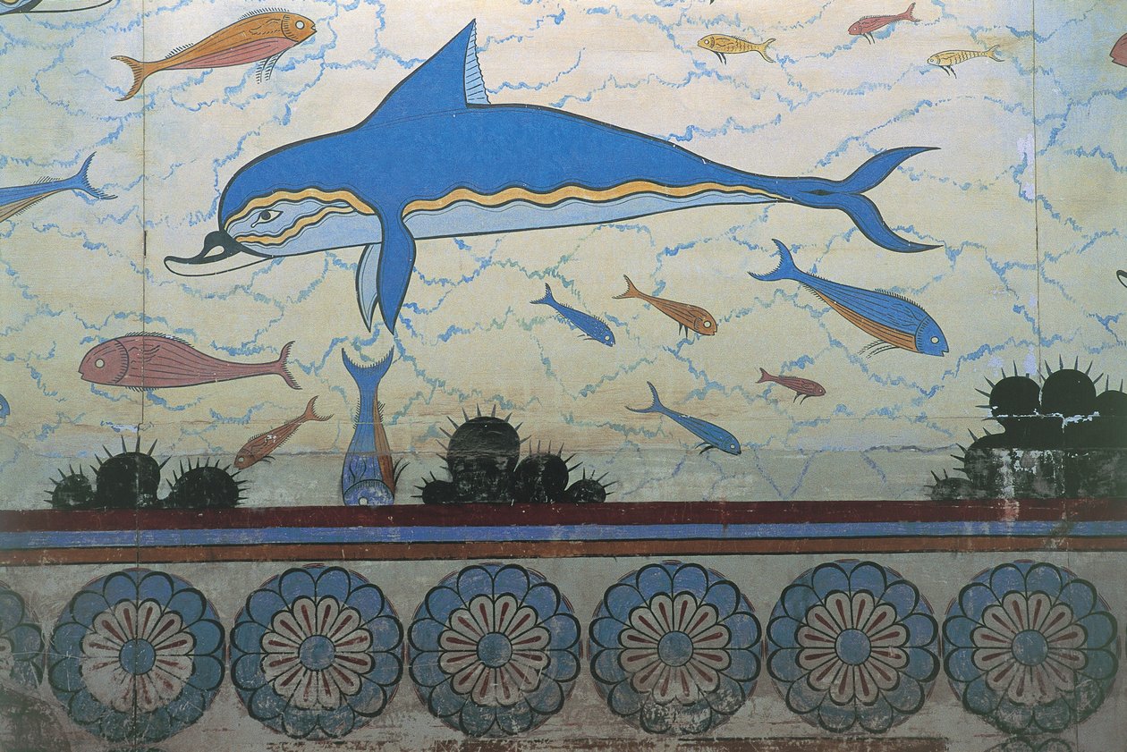 Nærbilde av et veggmaleri i et palass, Palace Of Minos, Knossos, Kreta, Hellas av Minoan