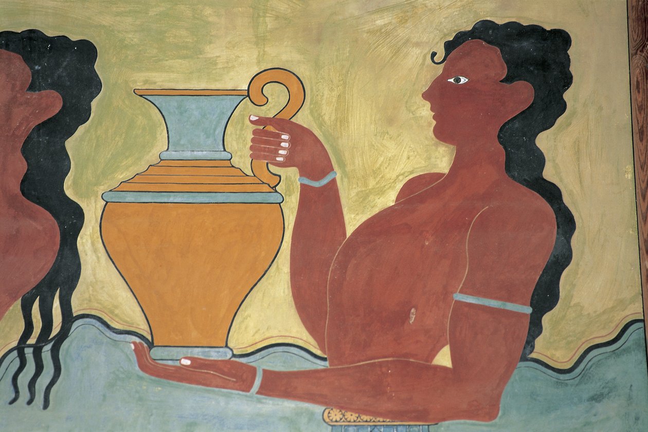 Nærbilde av et veggmaleri på veggen til et palass, Palace of Minos, Knossos, Kreta, Hellas av Minoan