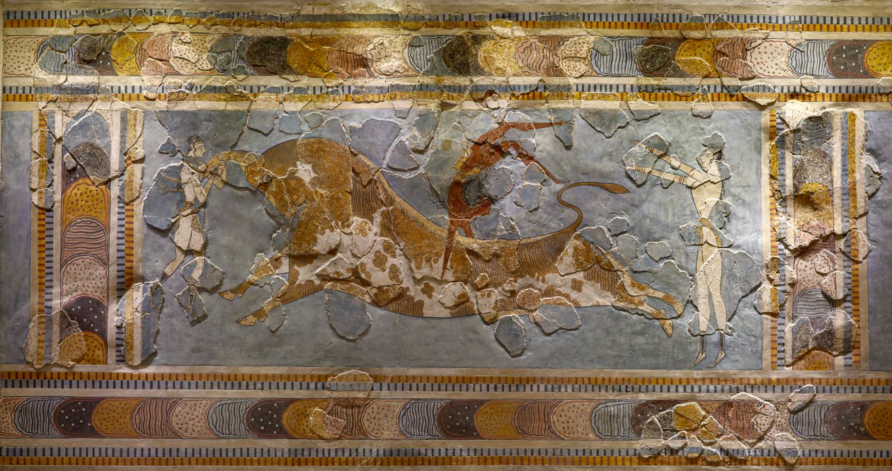 Detalj av Bull Leaping Fresco. Funnet i Knossos av Minoan