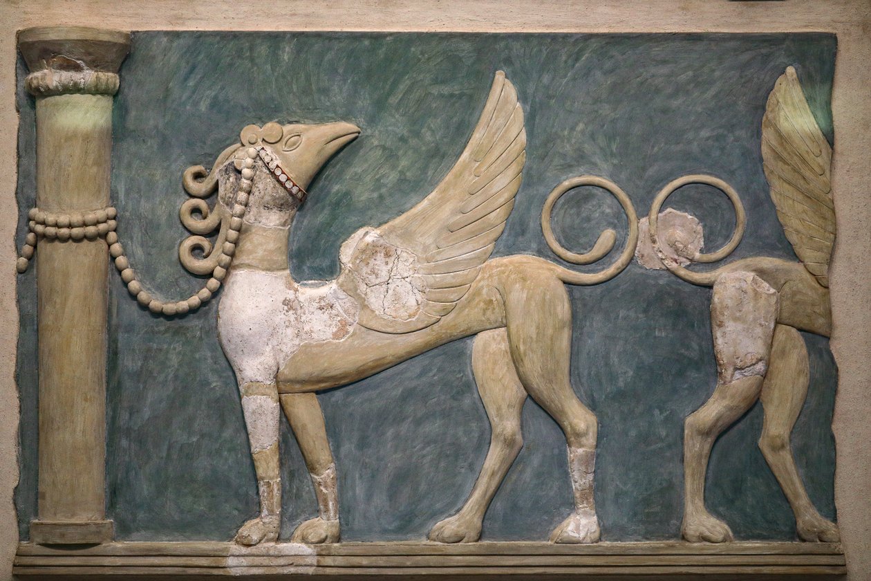 Freskomaleri av Griffins med høy relieff. Knossos-palasset. 1600-1450 f.Kr av Minoan