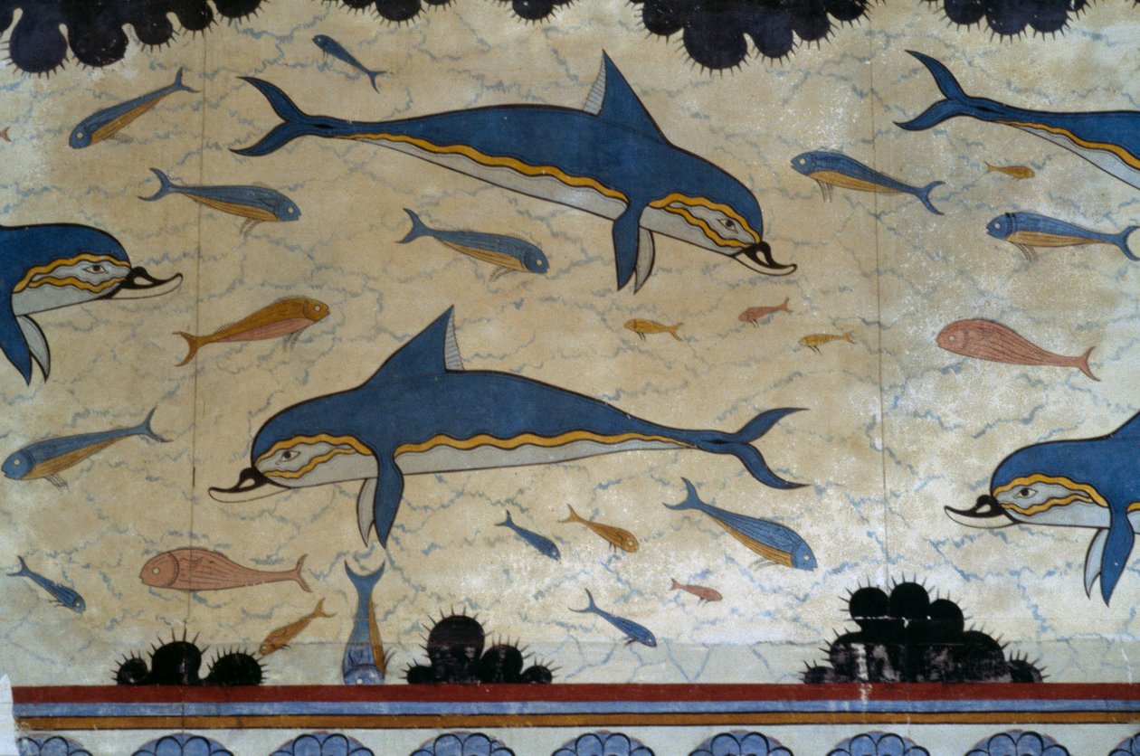 Megaron av Queen dekorert med delfinfresker, Knossos-palasset, Kreta, Hellas, minoisk sivilisasjon av Minoan