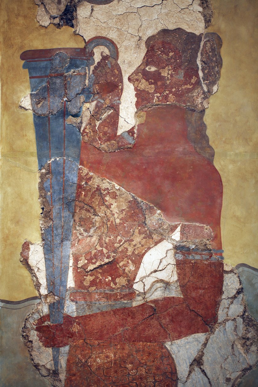 Minoisk kunst. "Koppbæreren", en figur fra prosesjonen Fresco. Original rekonstruksjon fra de få fragmentene som ble funnet av A. Evans på det arkeologiske området Knossos og nå vist i Herakleion arkeologiske museum. Det viser en ung mann med lang svart av Minoan