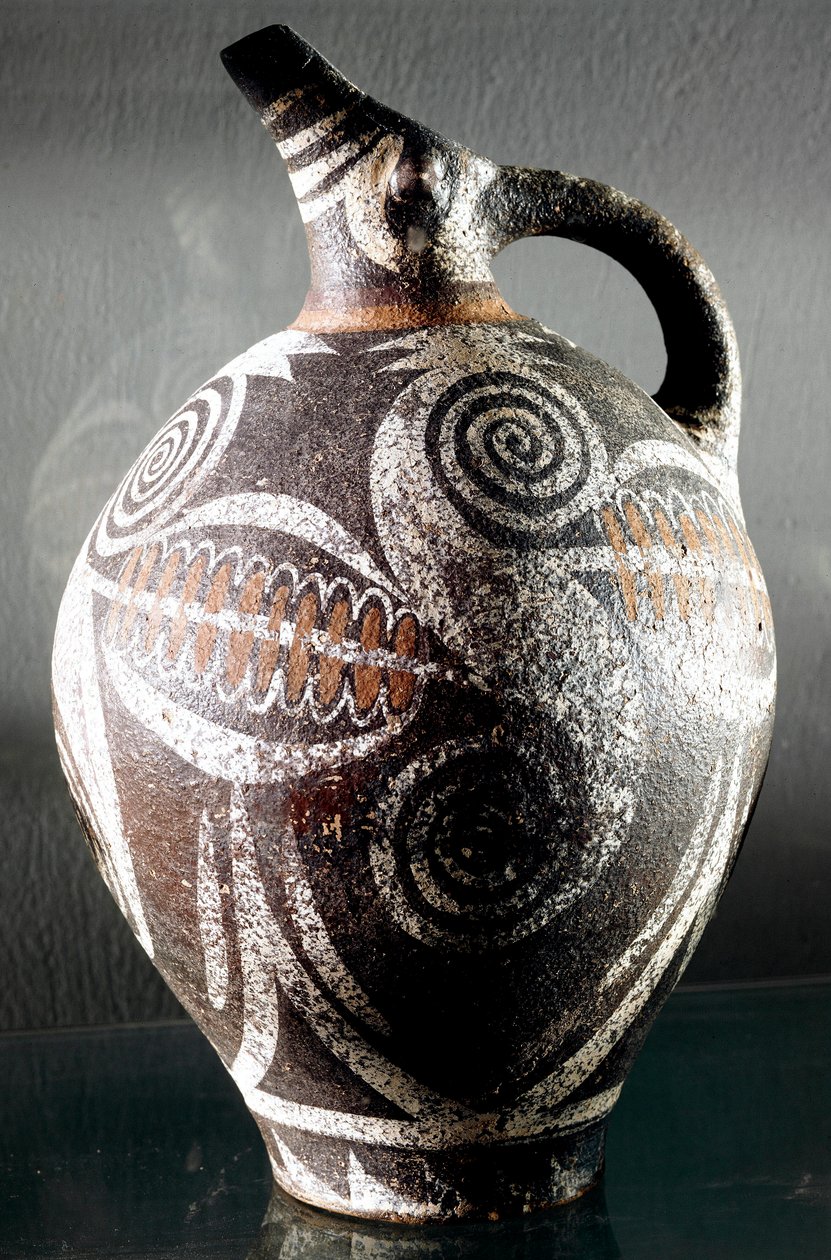 Minoisk kunst: keramikkmugge dekorert av polykrome tegninger. Fra Phaestos (Phaistos eller Festo). Dim. 27 cm arkeologisk museum, Heraklion, Kreta av Minoan
