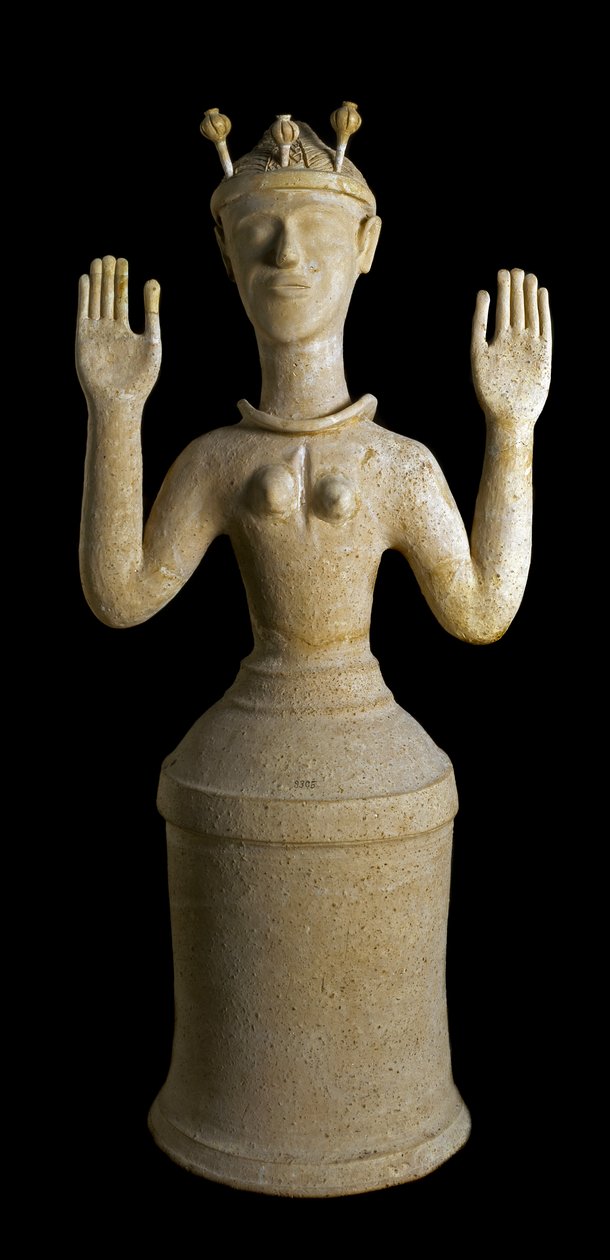 Minoisk kunst: terrakottastatue av valmuens gudinne, søvnens eller dødens guddom. Fra helligdommen til Gazi, Kreta. 1350 f.Kr. Dim. 79 cm Heraklion, nasjonalt arkeologisk museum - minoisk kunst: terrakottafigur av valmuegudinnen, søvnens guddommelighet ell av Minoan