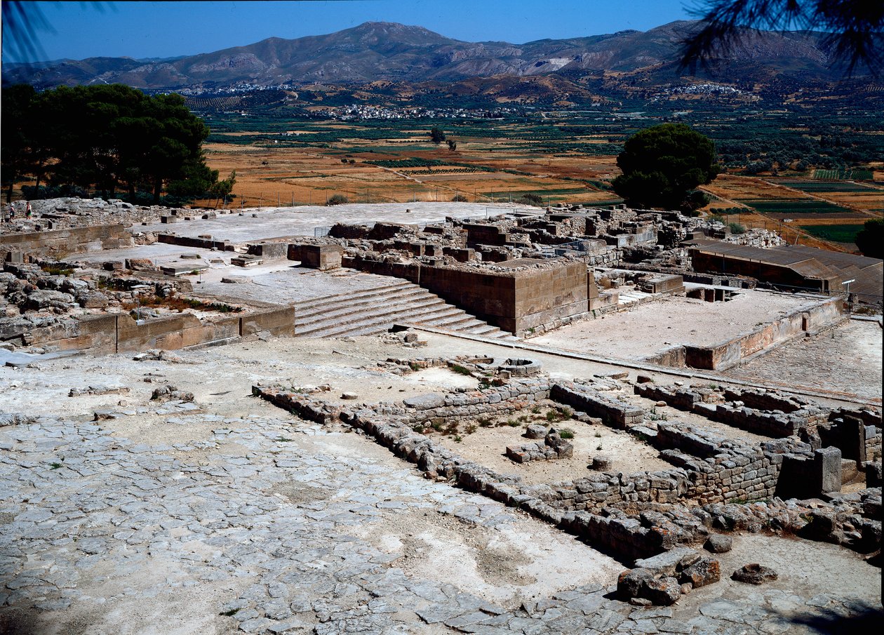 Minoisk sivilisasjon: utsikt over den vestlige fløyen av palasset til Phaistos (Festos) 1950-1700 f.Kr. Phaistos, Kreta av Minoan