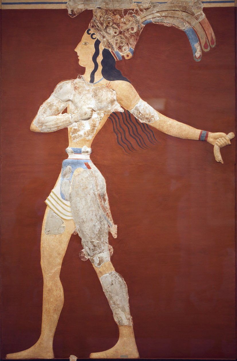 Minoen kunst "Prince of the Lilies"" freske. Original rekonstruksjon fra de få fragmentene funnet av A. Evans på det arkeologiske området Knossos. arkeologisk museum i Heraklion. Denne rekonstruksjonen er usikker. Knossos, Kreta. av Minoan