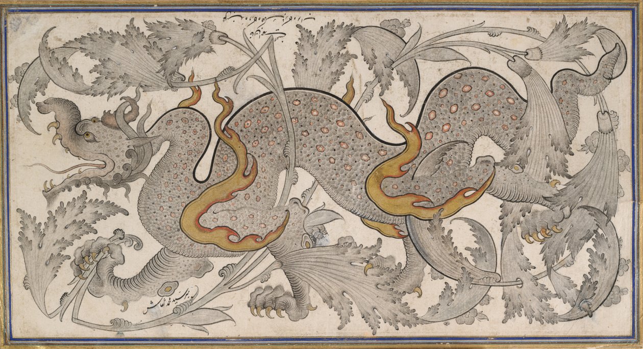 Dragon in Foliage (tegning, recto); kalligrafi, (verso) av Mir Sayyid Muhammad Naqqash