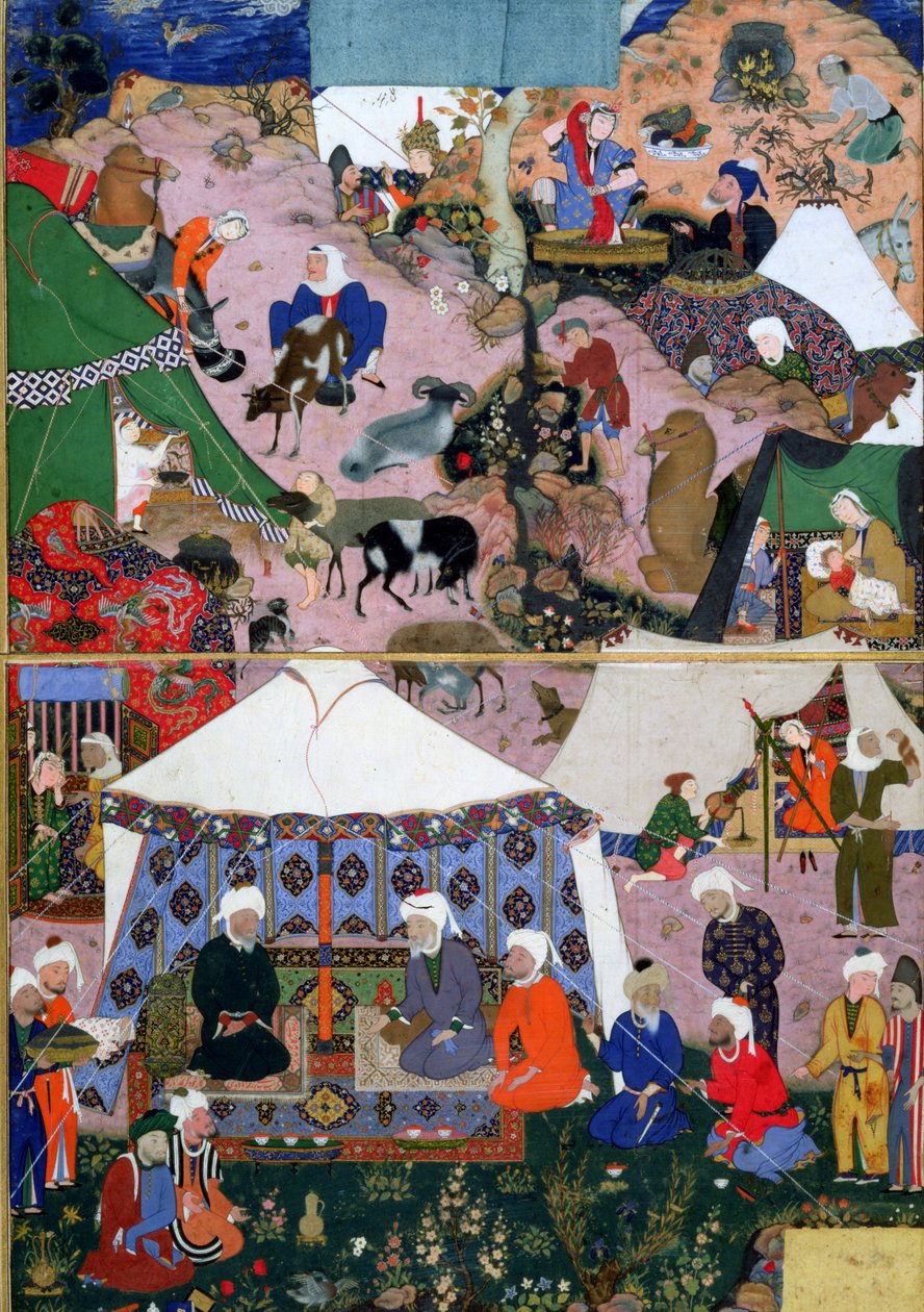 Nomadisk leir, fra en Khamsa (kvintett) av Nizami, Tabriz, Øst-Aserbajdsjan, Persisk, Safavid-dynastiet, 1539-43 (ugjennomsiktig wc og gull på papir) av Mir SayyidAli attr. to Mir SayyidAli attr. to