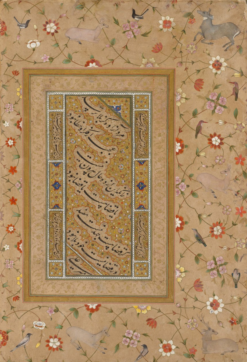 Side fra Late Shah Jahan Album: Persisk kalligrafi innrammet av en dekorativ kant av blomster og fugler av Mir 