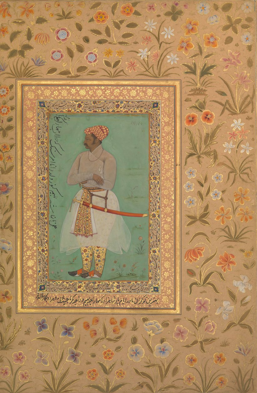 Portrett av Maharaja Bhim Kanwar, Folio fra Shah Jahan Album, verso: ca. 1615-29 av Mir 