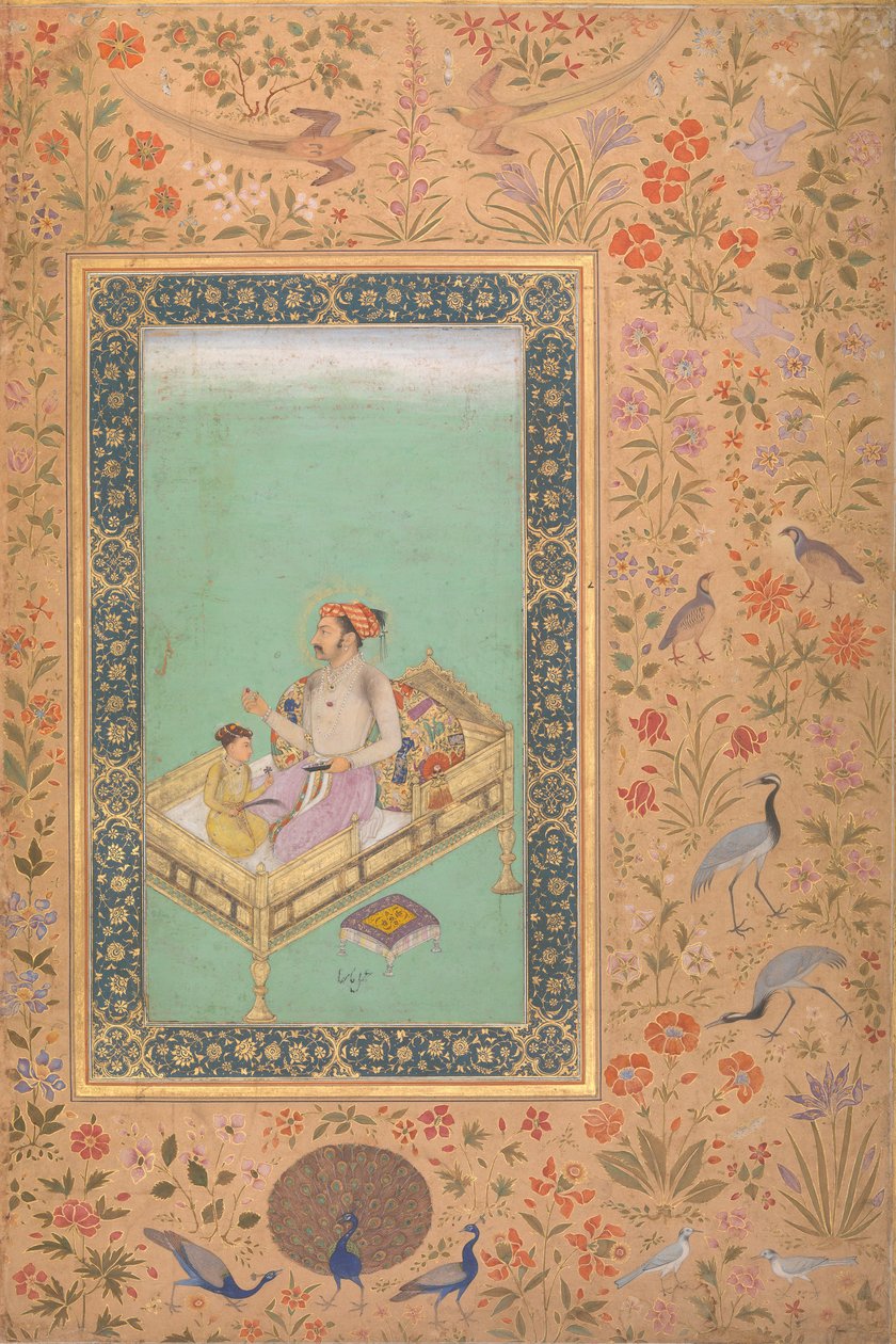 Keiseren Shah Jahan med hans sønn Dara Shikoh, Folio fra Shah Jahan Album, Verso: Ca.1620 av Mir 