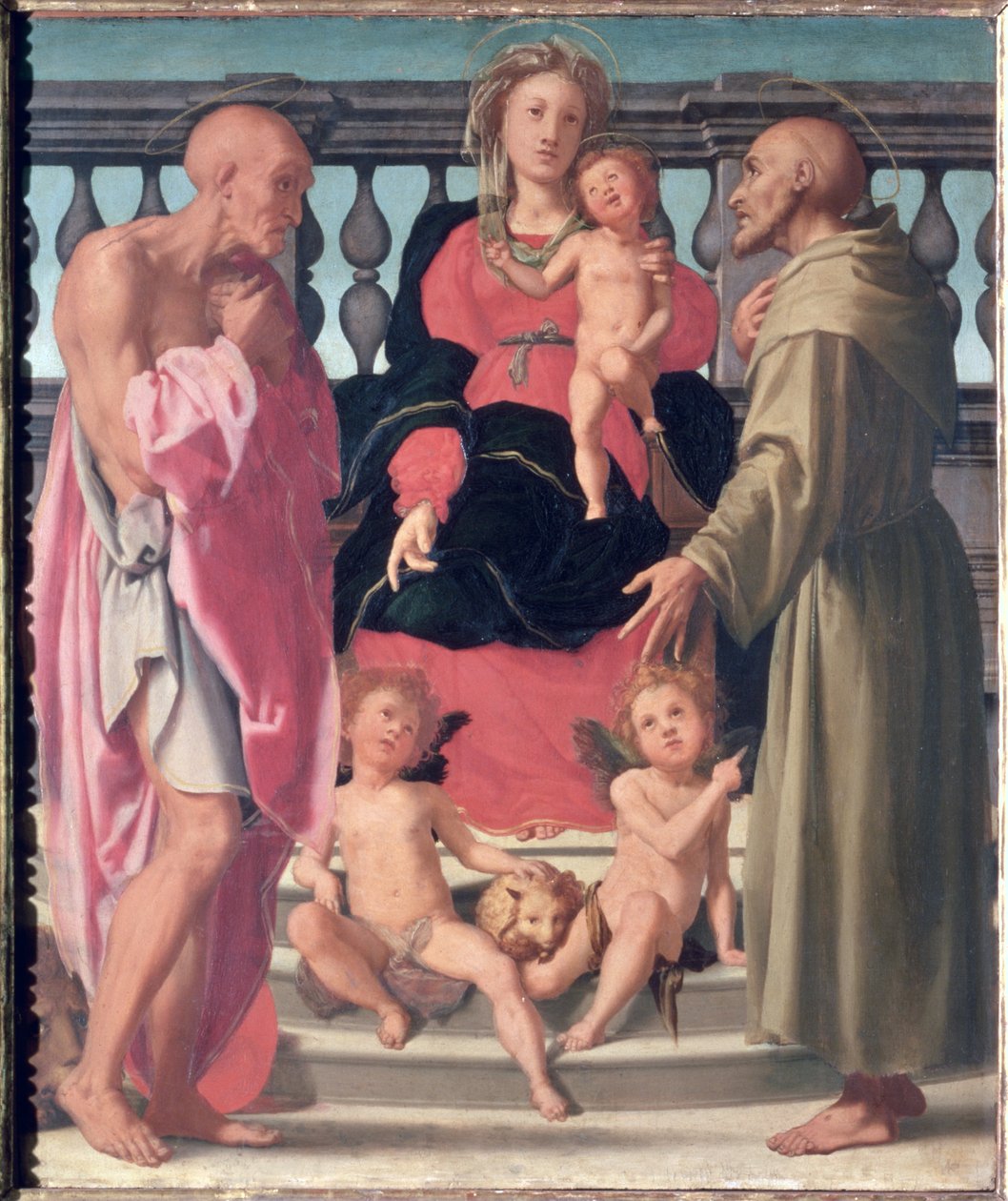 Madonna og barn med SS. Jerome og Francis (panel) av Mirabello Cavalori