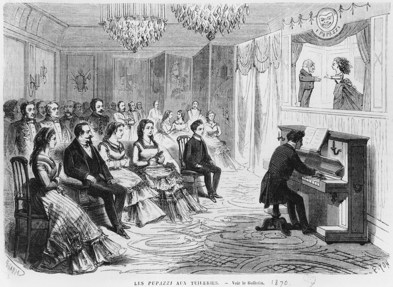 Dukketeateret I Pupazzi opptrer foran keiser Napoleon III (1808-73), keiserinne Eugenie (1826-1920) og prins Eugene Louis Napoleon Bonaparte (1856-79) ved Tuileriene, gravert av Edmond Yo av Miranda