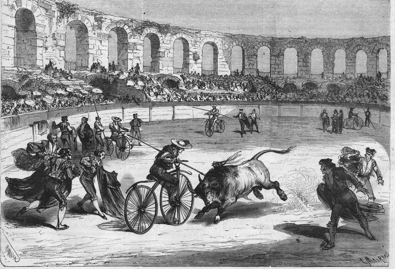 Okser løp i Arena of Nimes i 1869. Toreadorene monterte på velocipeder. Tegning av Mr. Miranda. av Miranda Miranda