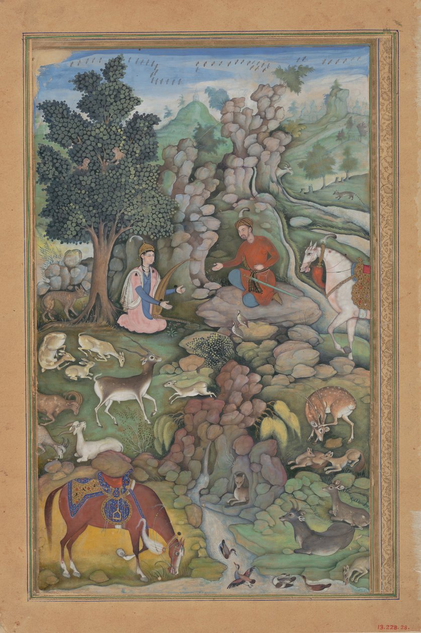 Bahram Gur ser en flokk med hjort fascinert av Dilarams musikk, folio fra..., 1597-98. av Miskin