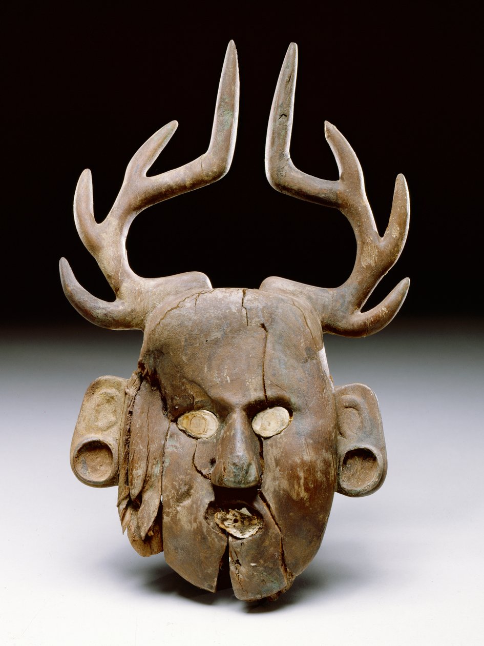 Maske med gevir, 1400-1600 (tre og bein) av Mississippian culture