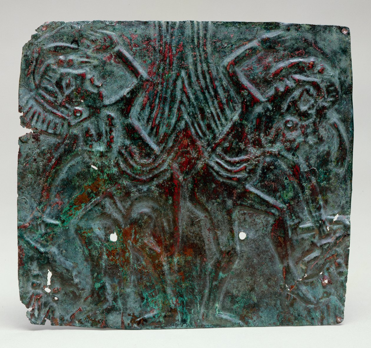 Repouse plakett med dansende figurer, 1100-1300 (kobber og pigment) av Mississippian culture