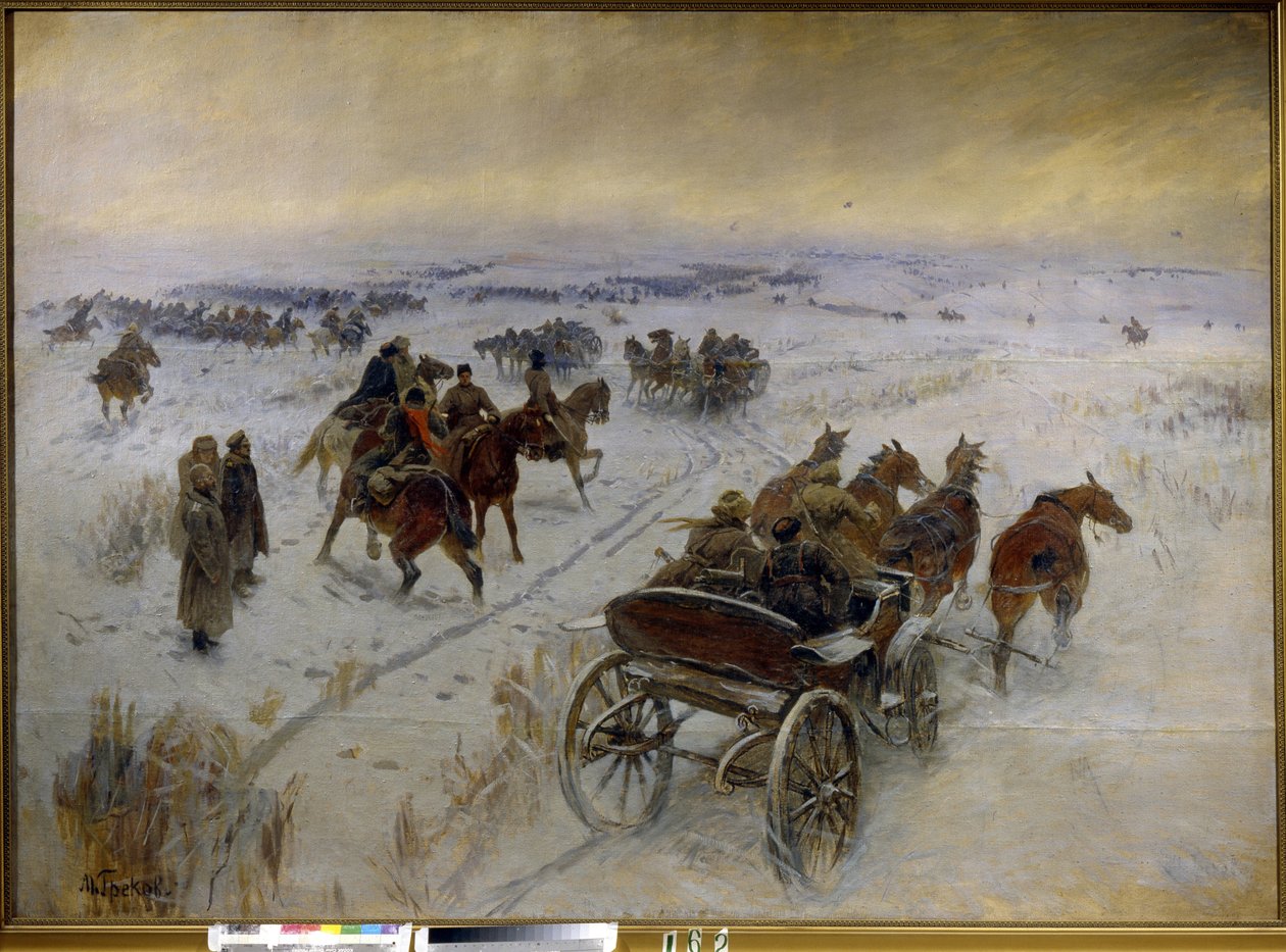 Slaget ved Yegorlykskaya (Russland). Episode av den russiske borgerkrigen (1917-1923), konfrontasjon av kavaleriet til den røde hæren og den hvite hæren, i de snødekte slettene. Maleri av Mitrofan Borisovich Grekov (1882-1934), olje på lerret av Mitrofan Borisovic Grekov