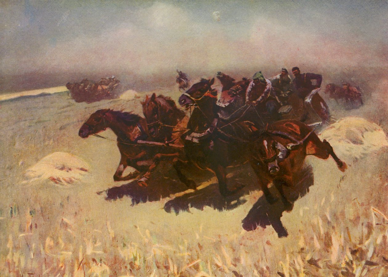 Tachanka (fargelitografi) av Mitrofan Borisovic Grekov