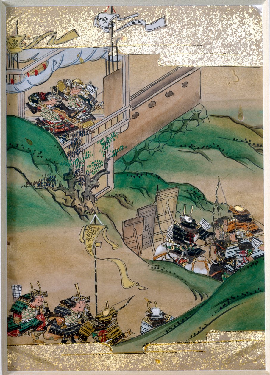 Episode av Imperial Struggles in Japan (1308-1368). Miniatyr av skolen Tosa (1600-tallet) med bladgull og perlemor til østers. Privat samling av Mitsuhiro (after) Tosa