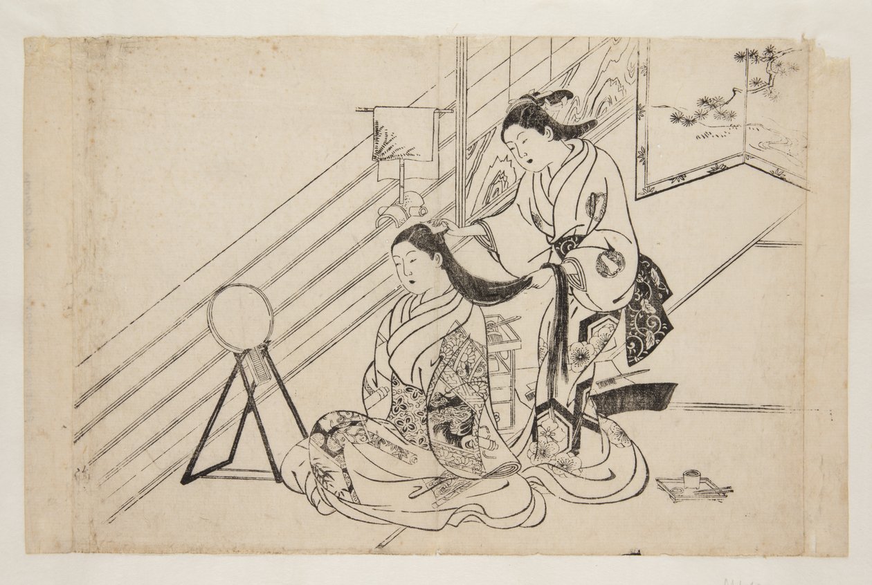Kvinne som kjemmer hår (farget treblokktrykk) av Mitsunobu Hasegawa