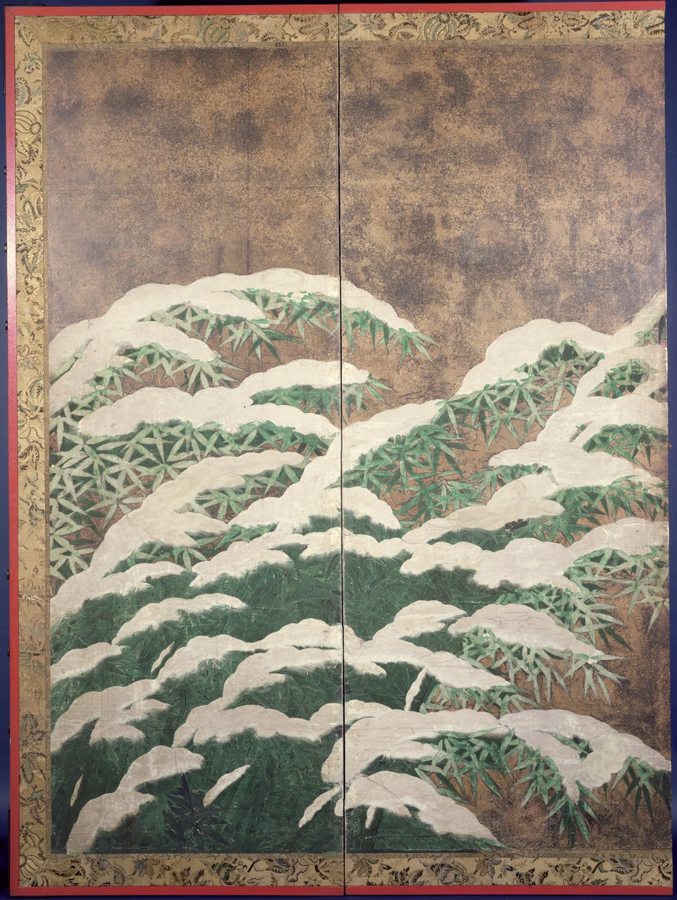 Bambus i snø, ca. 1600 (blekk, farger, gull og sølv på papir) av Mitsuyoshi Tosa