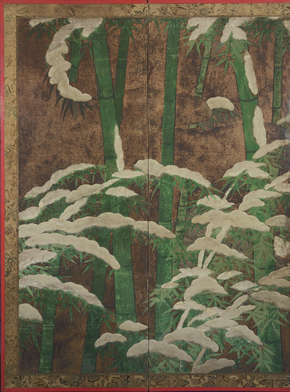 Bambus i snøen, ca. 1600 (blekk, farge, gull og sølv på papir) av Mitsuyoshi Tosa
