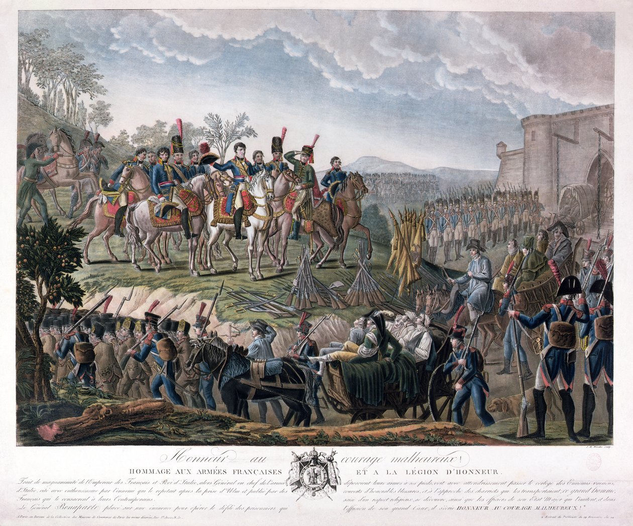 Napoleon hyller de overvunnedes mot, under overgivelsen av Ulm, 20. oktober 1805 (fargegravering) av Mixille or Mixelle Jean Marie