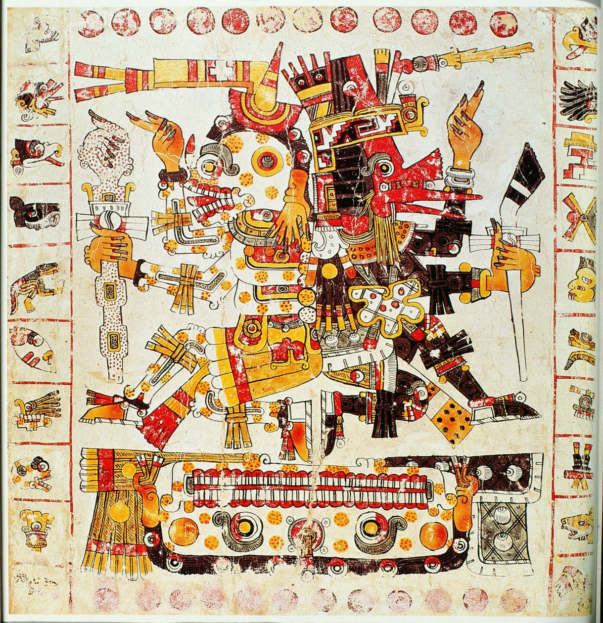 Faksimilekopi av en side av Borgia-kodeksen som viser døds- og livsguder plassert side om side (fargelitografi) av Mixtec
