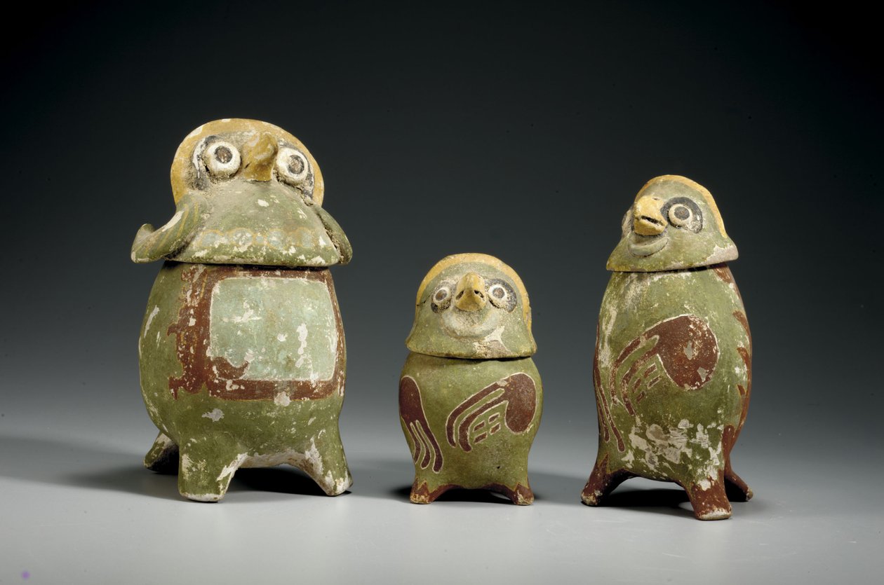 Tre Mixtec polykrome terrakotta-bildekar, ca. 900-1200 av Mixtec