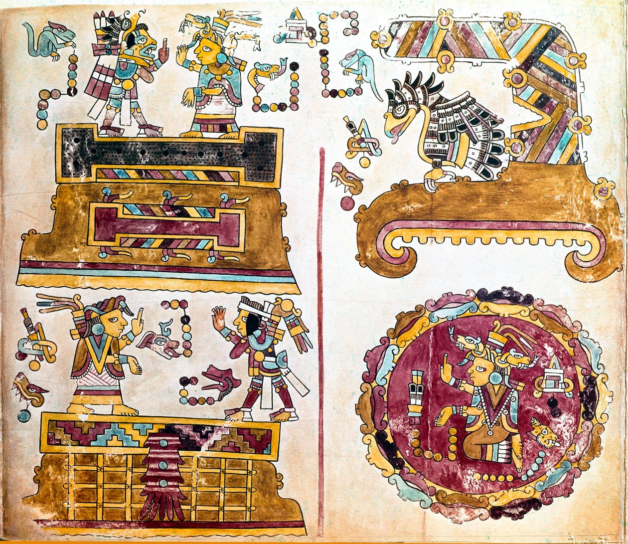 Mixtec-sivilisasjon: Mixtec-kodeks med illustrasjoner av daglige aktiviteter - Precolombiansk kunst, blandet sivilisasjon: scenes de vie quotidienne - Detalj av en kopi av Codex Vindobonensis eller wienerkodeks sendt av Hernan Cortes til Charles V i 1519 - av Mixtec Mixtec