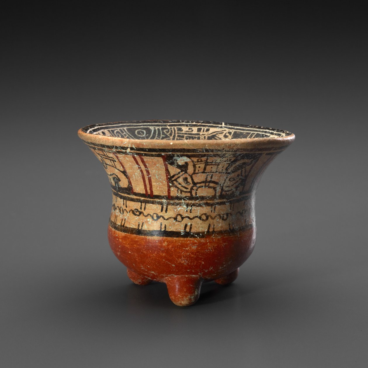 Stativskål med guder og kalendertegn, 900-1519 e.Kr. (keramikk med slip) av Mixtec Mixtec